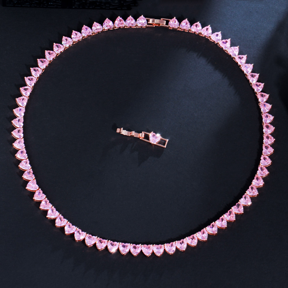 Gold-Plated Pink Moissanite Heart Pendant Necklace for Women, Beach Party Jewelry Gift with 5A Cubic Zirconia b4c2
