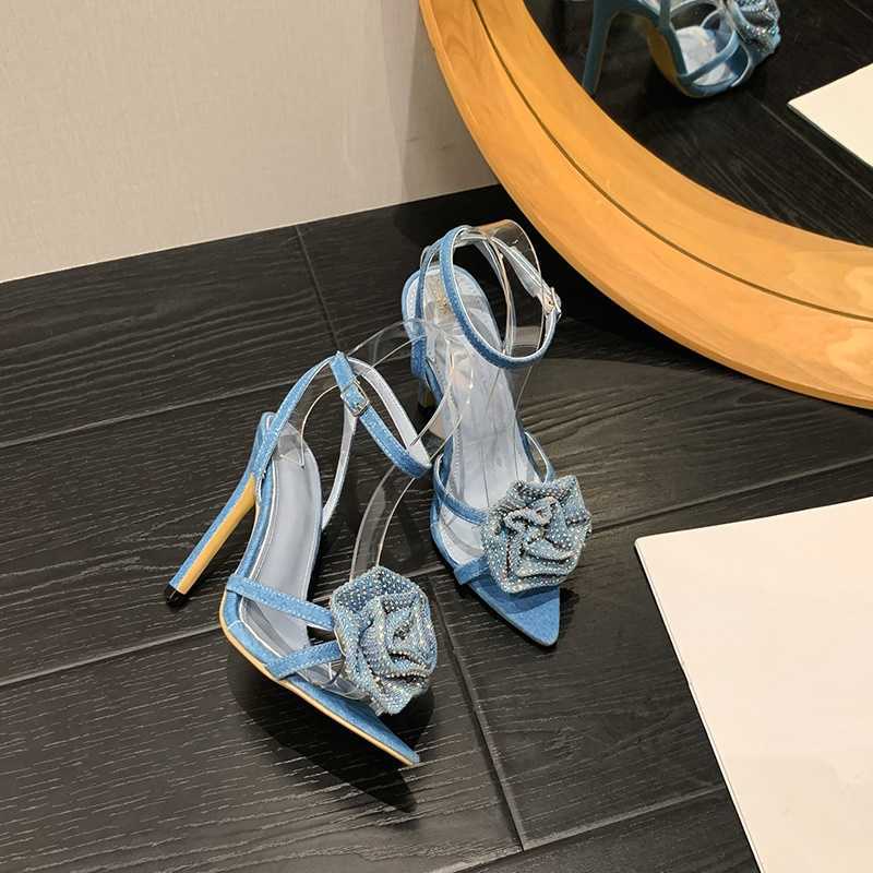 HBP Non-Brand Shoes New Rhinestone Rose Blossom Elegant Designer Womens Sexy Pointed Party High Heels Denim Sandals Water Diamond Stiletto Heels Sanda