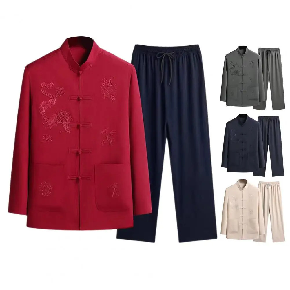 2 PcsSet Men Shirt Pants Set Chinese Tang Suit Loose Elastic Waist Wide Leg Midaged Father Grandfather Top Trousers 240307