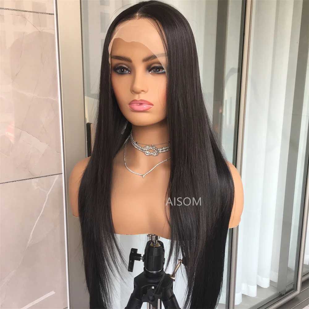 Frontal Straight Wigs For Women Synthetic Mix Human Hair 13X4 Lace Front Black 99J Preplucked Glueless Fiber Wig 240328 240327