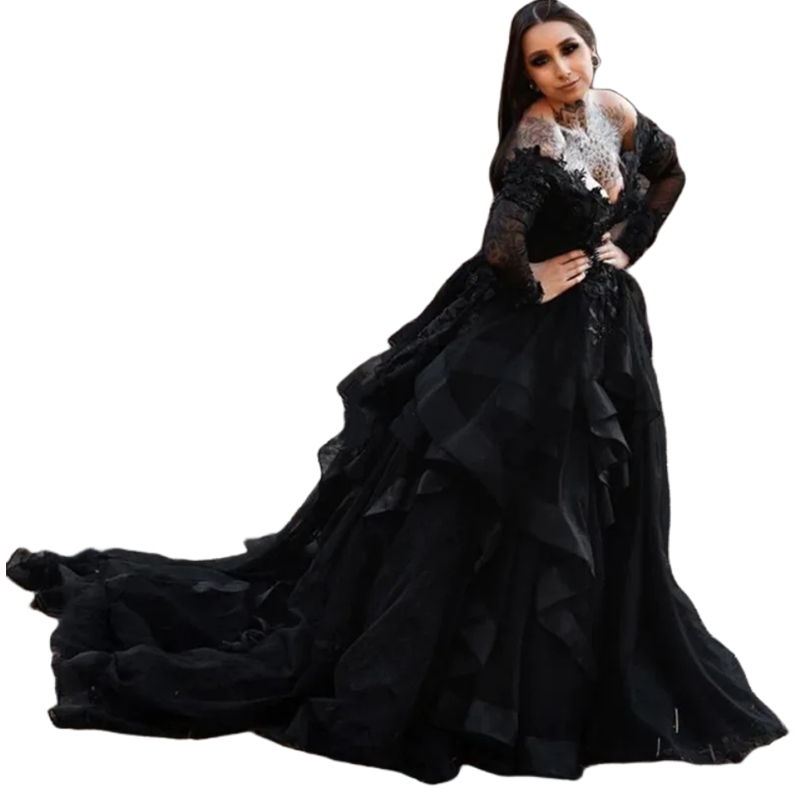 Vintage Black Gothic Wedding Dresses Off The Shoulder Long Sleeves Ruffle A Line Bridal Gowns Lace Appliques Open Back Lace-Up V-neck Plus Size Bride 