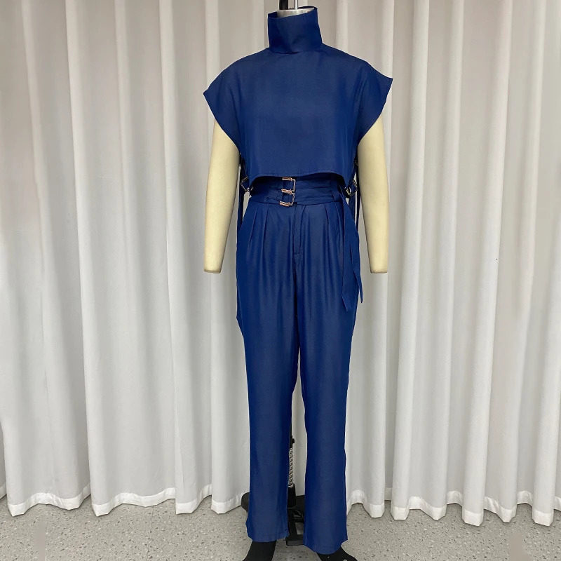 Waytobele Women Two Piece Set Summer Fashion Office Solid High Neck Short Sleeve Top Straight With Pockets Buckle Pants Sets 240314