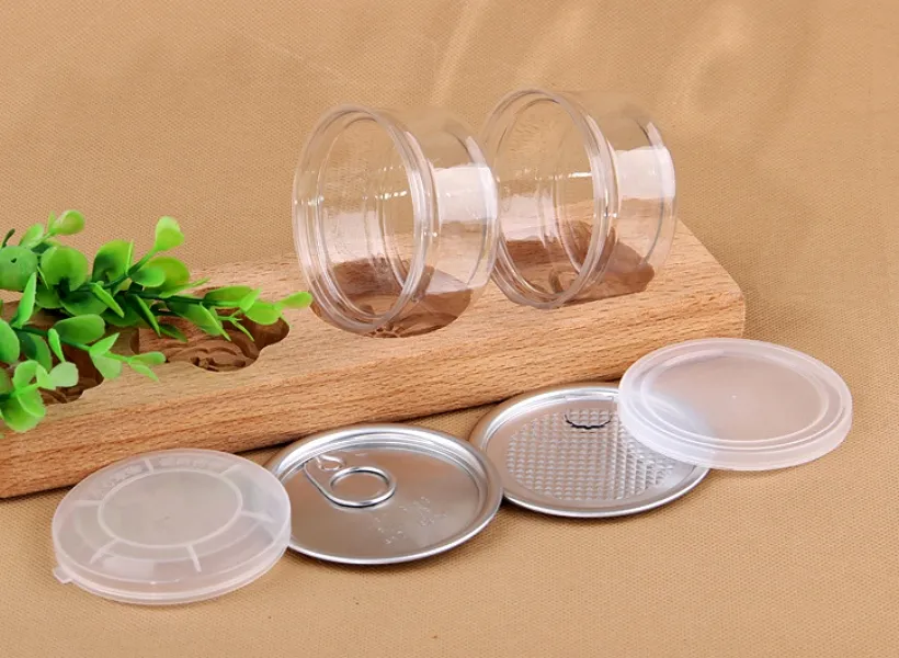 wholesale 3.5g jar plastic can clear PET 65*33mm For food 170ml/7g 100ml/3.5g 50ml/1g with aluminum ring pull cap beverage tuna tin LL