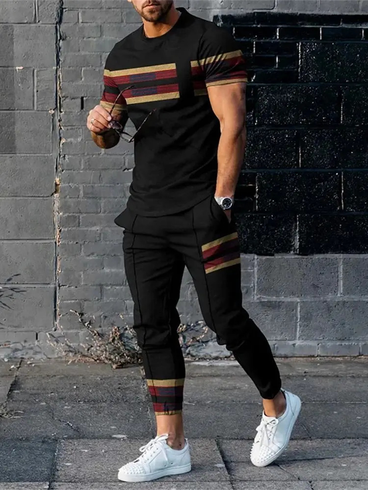 Fashion Men Tops Trousers Tracksuit Sportswear Short Sleeve T Shirt Long Sweatpants Streetwear 2 Piece Sets Clothing 240301