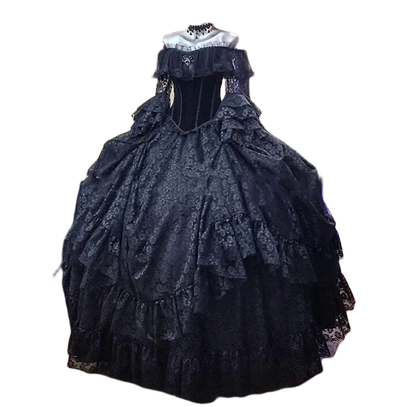 Vintage Victorian Evening Dresses Black Lace Long Sleeves Floor Length Masquerade Prom Dress Off Shoulder Gothic Party Gowns For Women