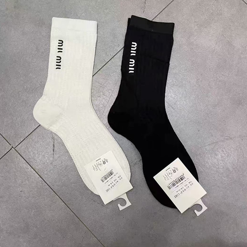 Black Ivory Striped Socks with Letter Women Girl Letter Cotton Breathable Socks