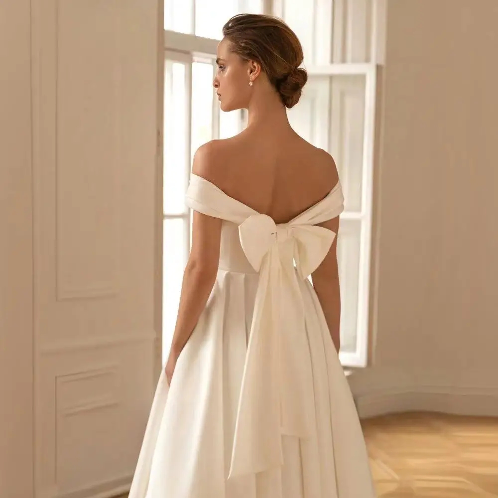 A-line Wedding Adorable Dress Off the Shoulder Strapless Bow Satin Open Back Ankle Length Draped Simple Vestidos De Novia YD