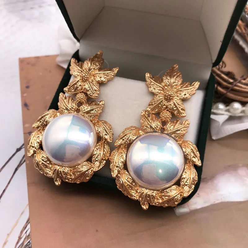 Baroque Earrings Oversive Pearl Metal Statement Plant Boho Wedding Party Jewelry 240305