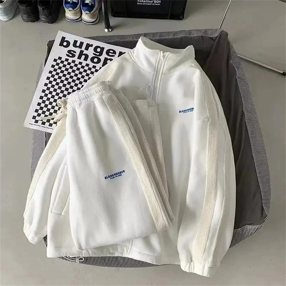 Oversized Japan Korean Spring Autumn Mens Casual Patchwork Sports Suit Loose Hooded Hoodies Long Pant 2 Piece Sets 240312