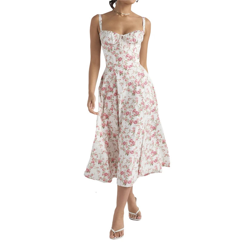 Floral Summer Corset Dress y2k Women Spaghetti Strap Sleeveless A Line Midi Bustier Dresses Romantic Clothes Clubwear 240306