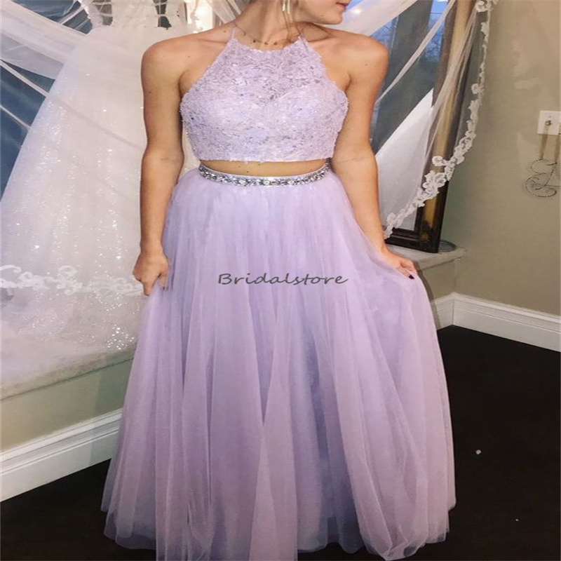 Lilac Two Pieces Prom Dresses 2024 Sexy Halter Backless Boho Lace Evening Dress Elegant Birthday Formal Party Dress Flowy Violet Dress Vestios De Fies