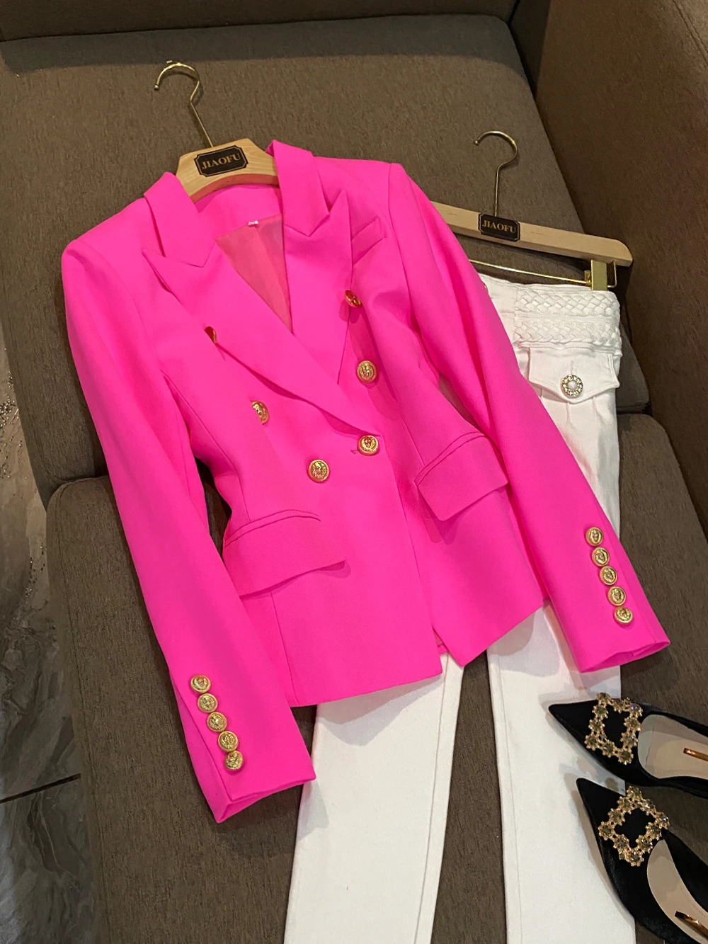 JUNE LIPS AllMatch Dusty Pink Green Blue Nude Black Blazer Jacket Womens Gold Buttons Double Breasted XS5XL 240318