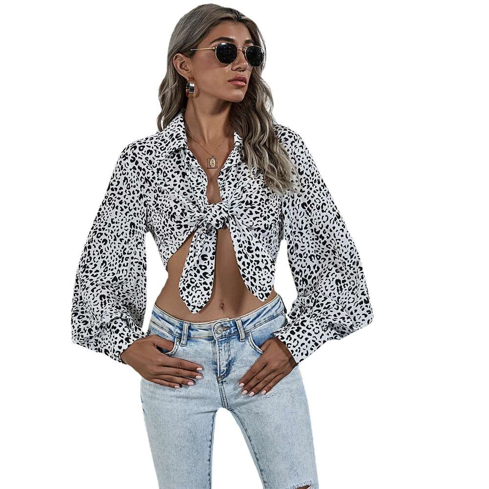 2024 Women's New Fashionable and Sexy Long Sleeved Short Top with Leopard Print Shirt