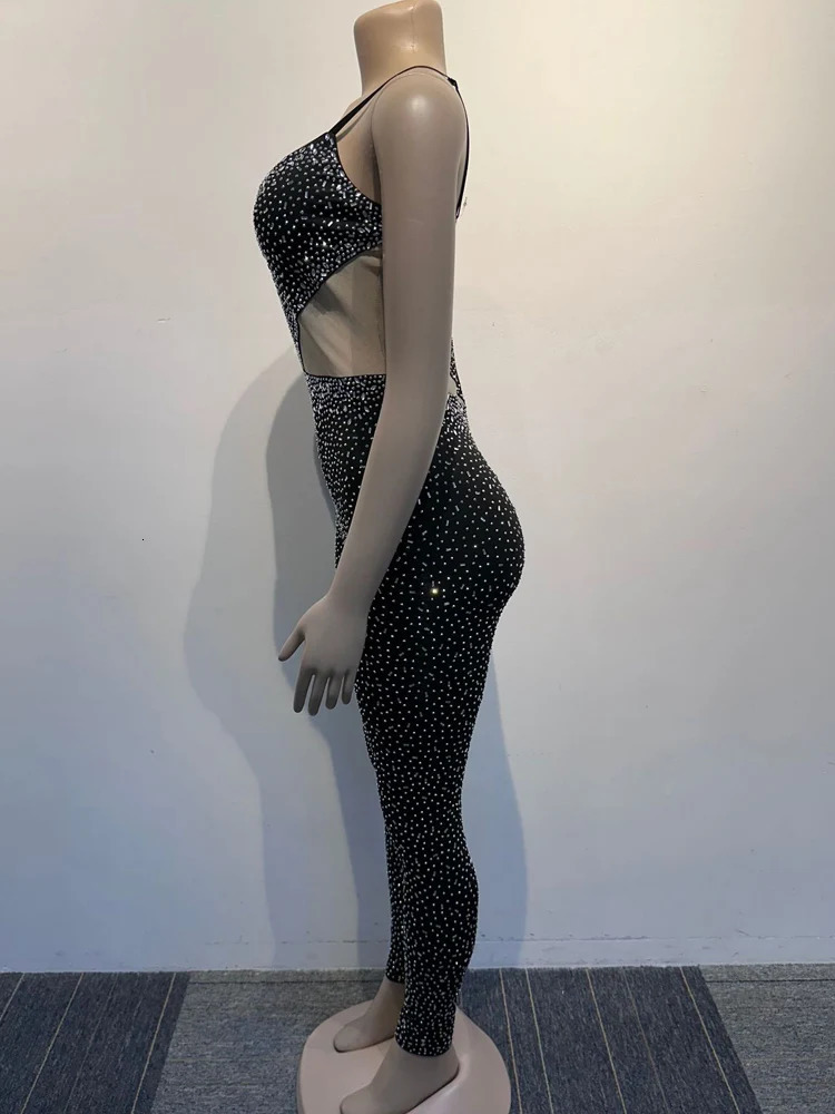 Beyprern Beautiful Sheer Mesh Patchwork Crystal Jumpsuit Women Glam Fitted Diamonds Rompers Overalls Birthday Outfits Clubwear 240315