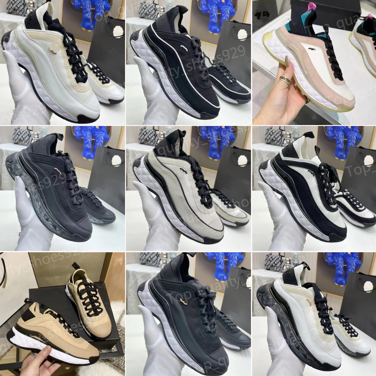 Quilted Runners womens Mesh Suede Sneakers mens Calfskin Grained Sneakers Ivory low top Mixed Fibers run shoes man casual trainers Velvet all black shoe size 5-12