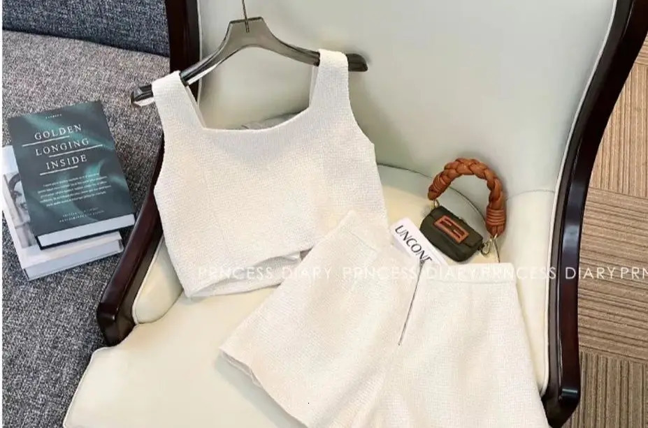 Women Fragrance Vintage Tracksuit Camisole Vest Crop Top And Pant Two Piece Set Summer Short Suit Matching Outfit 2023 Clothing 240228