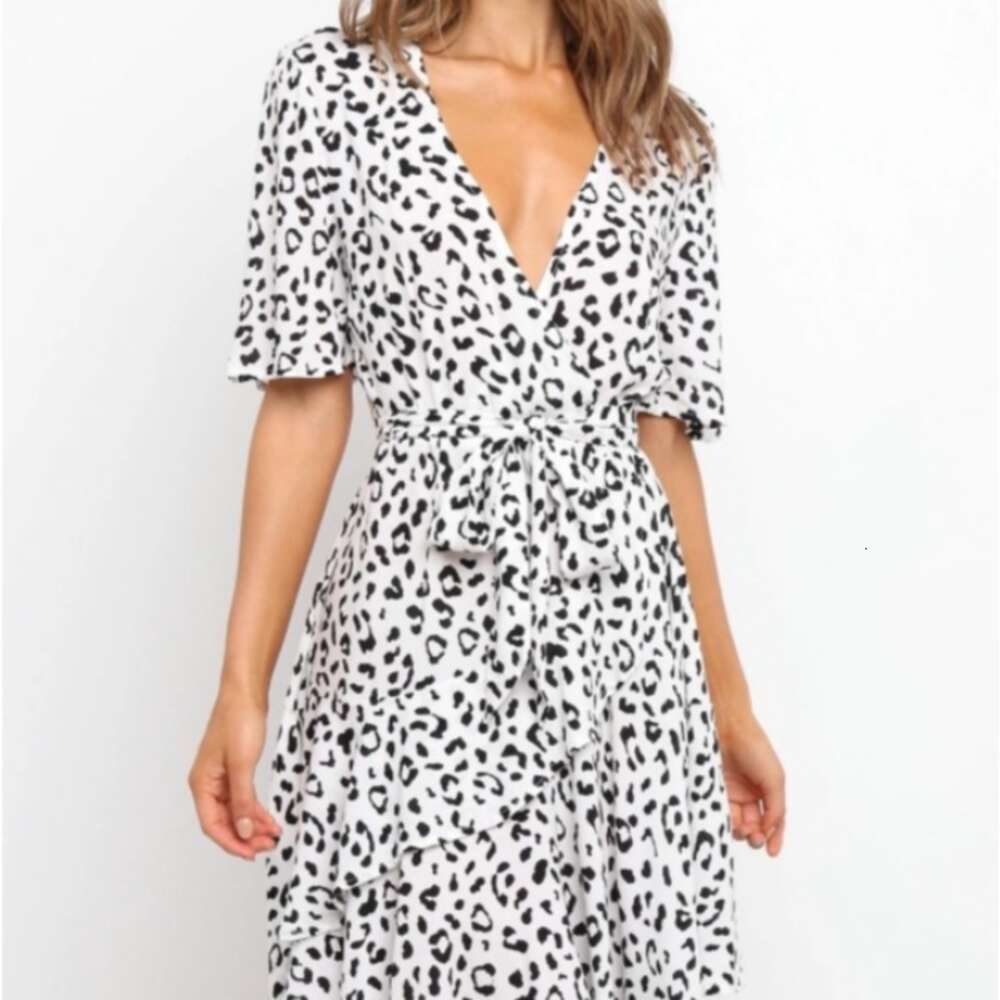 2024 Spring New Short Sleeved Printed Waist Tied Mid Length Dress