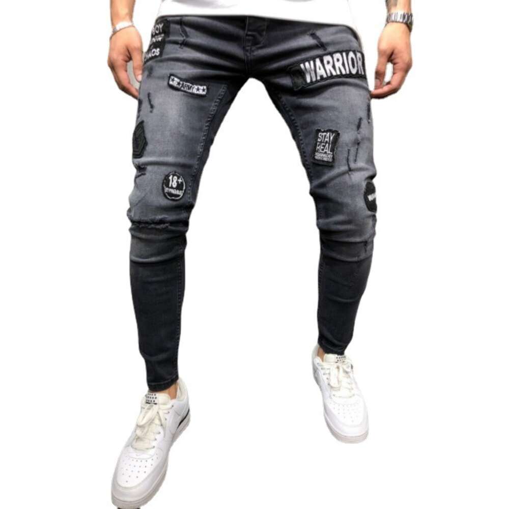 New Tight Jeans with Black Hole Emblem Sticker Small Feet Denim Men's Pants