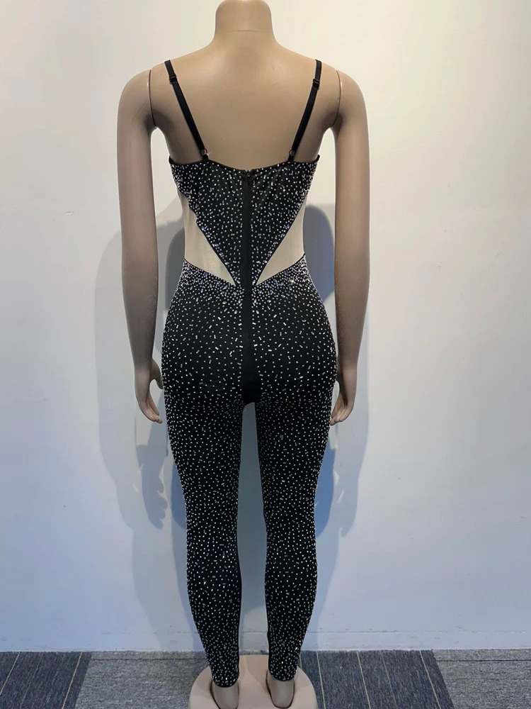 Beyprern Beautiful Sheer Mesh Patchwork Crystal Jumpsuit Women Glam Fitted Diamonds Rompers Overalls Birthday Outfits Clubwear 240315