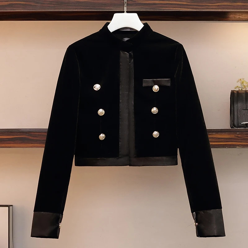 Women Gold Velvet Office Vintage Black Suit Jacket Coat Top And Short Pant Two Piece Set Elegant Outfit Ladies Fall Autumn Cloth 240228