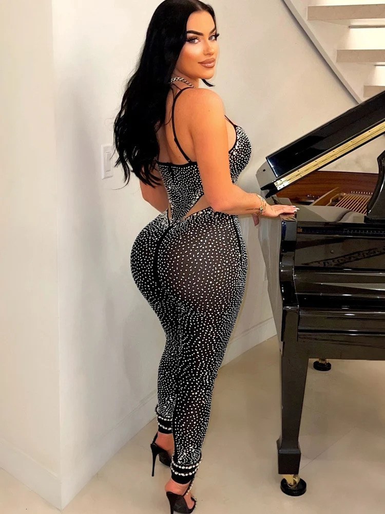 Beyprern Beautiful Sheer Mesh Patchwork Crystal Jumpsuit Women Glam Fitted Diamonds Rompers Overalls Birthday Outfits Clubwear 240315