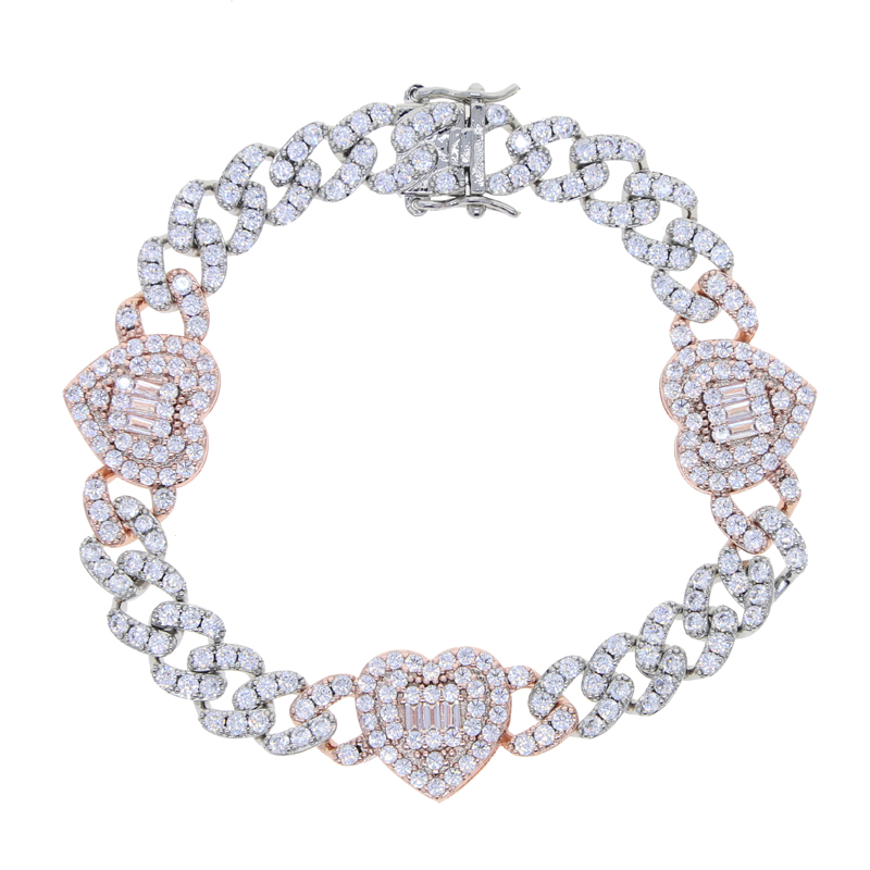 Iced Out Cubic Zirconia Heart Charm Bracelet Cuban Chain Gold Silver Color for Women Men Wedding Hip Hop Fashion Jewelry