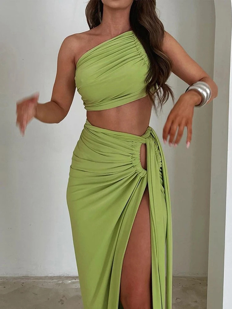 Autumn Winter One Shoulder Bodycon Dress Suits Women Backless Crop Top Split Long Skirt Two Piece Matching Sets Outfits Party 240319