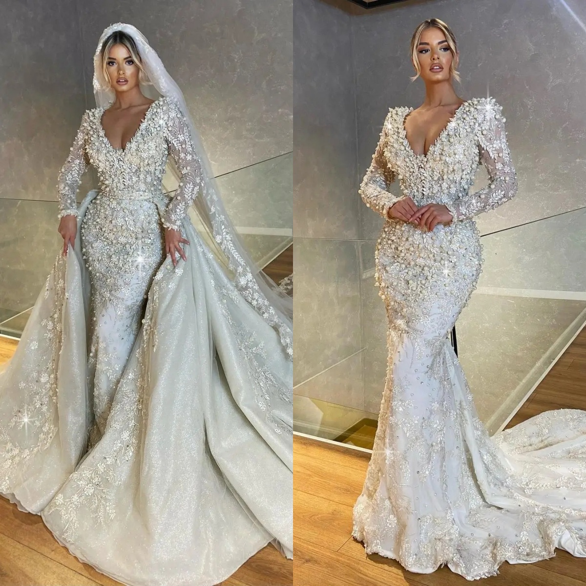 Exquisite Wedding Dress Pearls Appliques Bridal Gowns Custom Made V Neck Long Sleeve With Detachable Train Vestido De Novia 0219