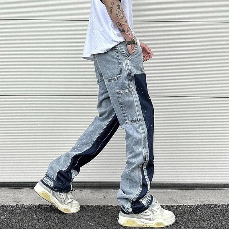 Men's Jeans European Ink Sprayed Flared For Men Contrast Color Looen Fit Streetwear Denim Clothes Open Hem Male's Baggy Pants