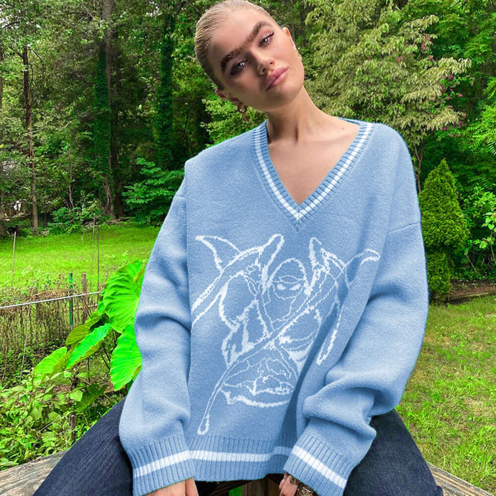 2024 New Academy Style Personalized Pattern Loose V-neck Pullover Sweater Women's Casual Knitwear