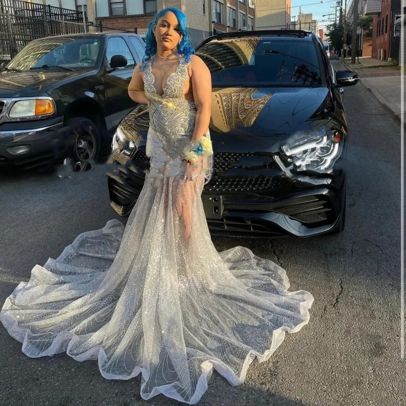 See Through Prom Dresses 2024 Blackgirl Sheer Neck Crystal Sequin Mermaid Party Gowns Long Birthday Outfits Vestidos De Gala 322