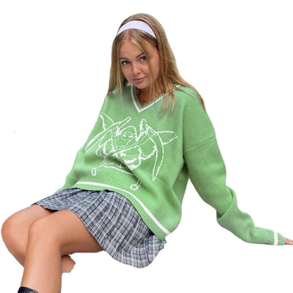 2024 New Academy Style Personalized Pattern Loose V-neck Pullover Sweater Women's Casual Knitwear