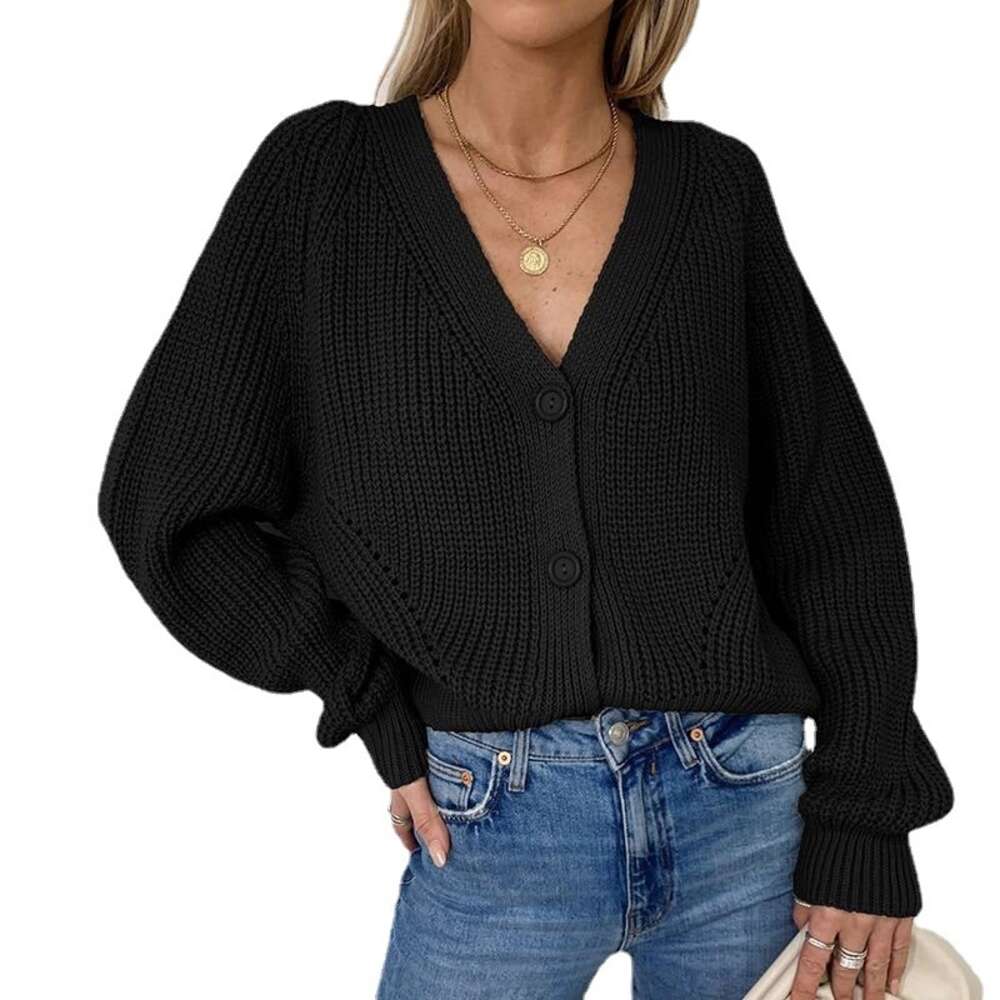 2024 New Sweater Women's Solid V-neck Lantern Sleeve Button Knitted Cardigan