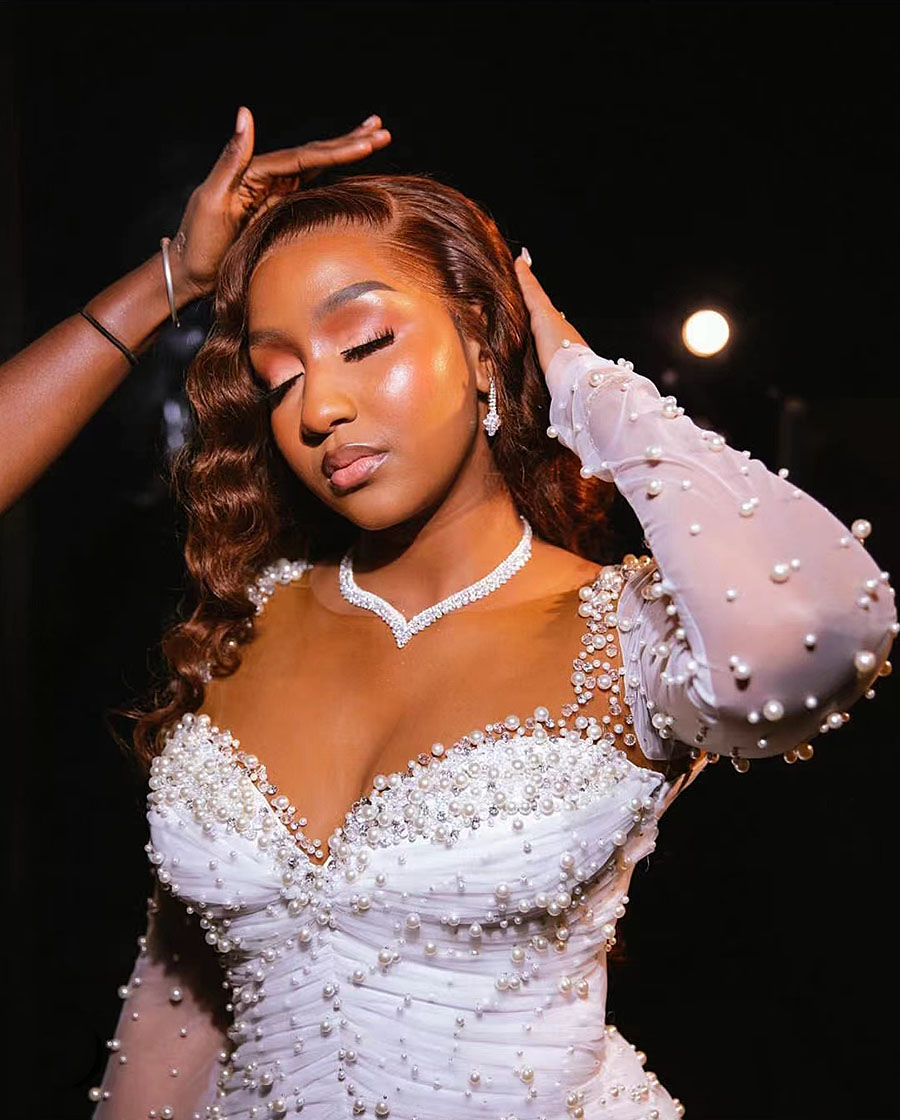 Aso Ebi Arabic Pearls Mermaid Wedding Dress Long Sleeves Floor Train White Organza African Bridal Gown Vestido De Novia 326