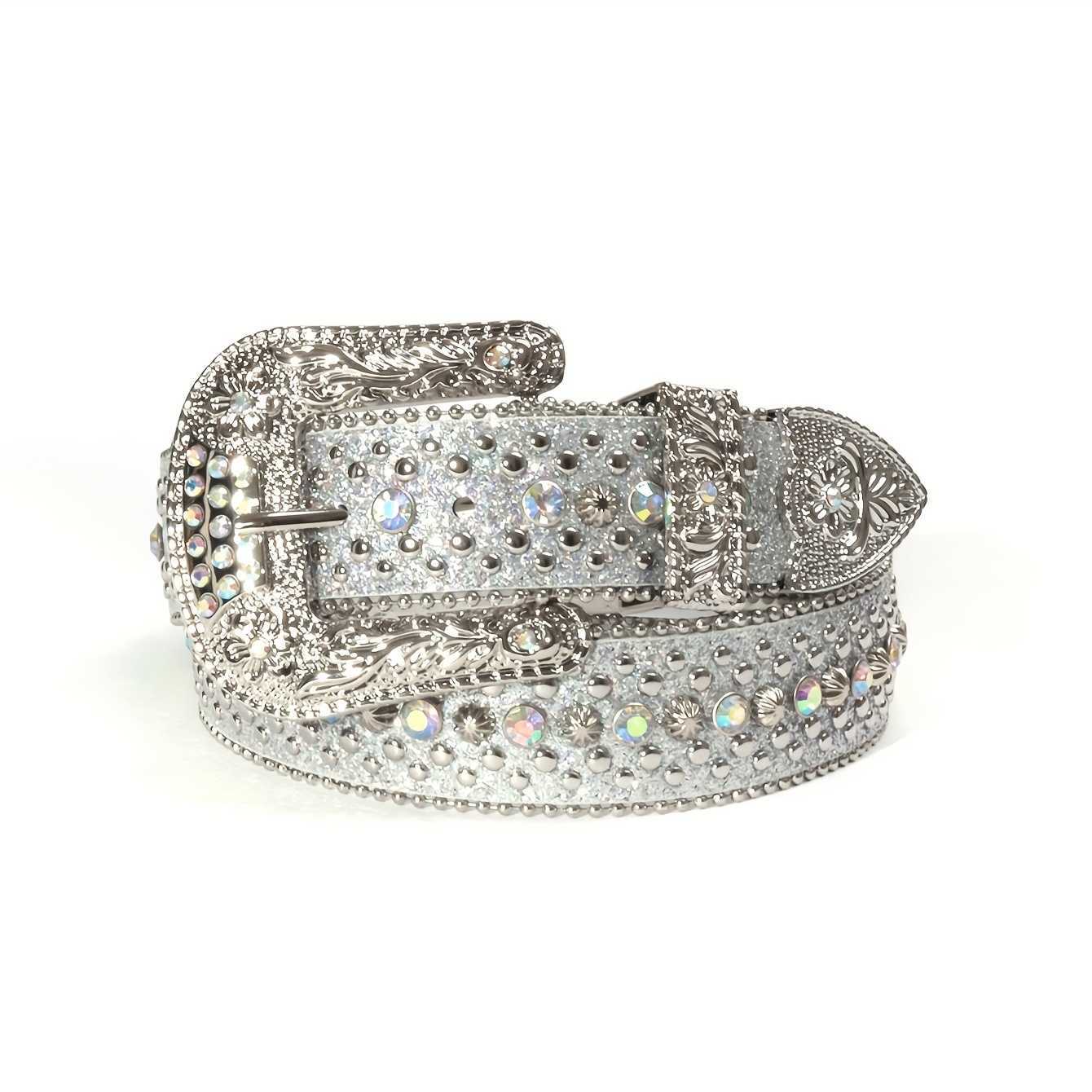 Belts Punk Rhinestone Belt Western Studded PU Leather Y2K Belt Vintage Bling Cowboy Cowgirl Waist Belt For Jeans Pants For Men Women Slivery