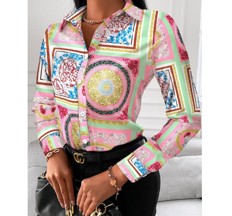 Designer Women Lapel Neck Shirt New Spring Baroque Printed Blouse Floral Blouses Fashion Shirts Tops Long Sleeved Sweatshirts free shipping