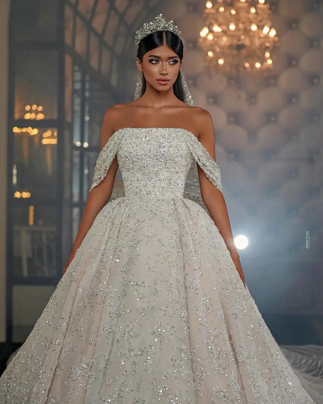 Urious Arabic Wedding Dress Off The Shoulder Crystal Ball Gown Bridal Gowns Long Train Princess Robe Mariage S 6660306