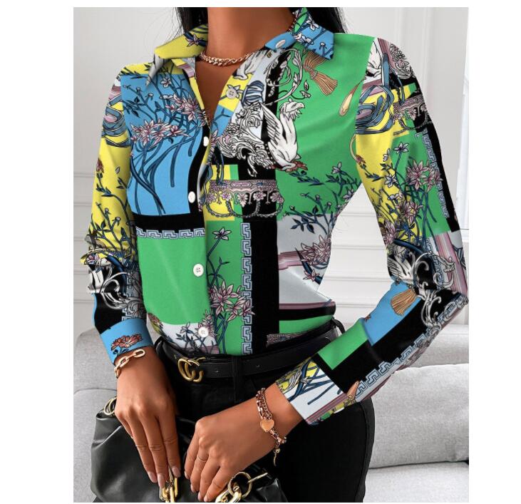 Designer Women Lapel Neck Shirt New Spring Baroque Printed Blouse Floral Blouses Fashion Shirts Tops Long Sleeved Sweatshirts free shipping