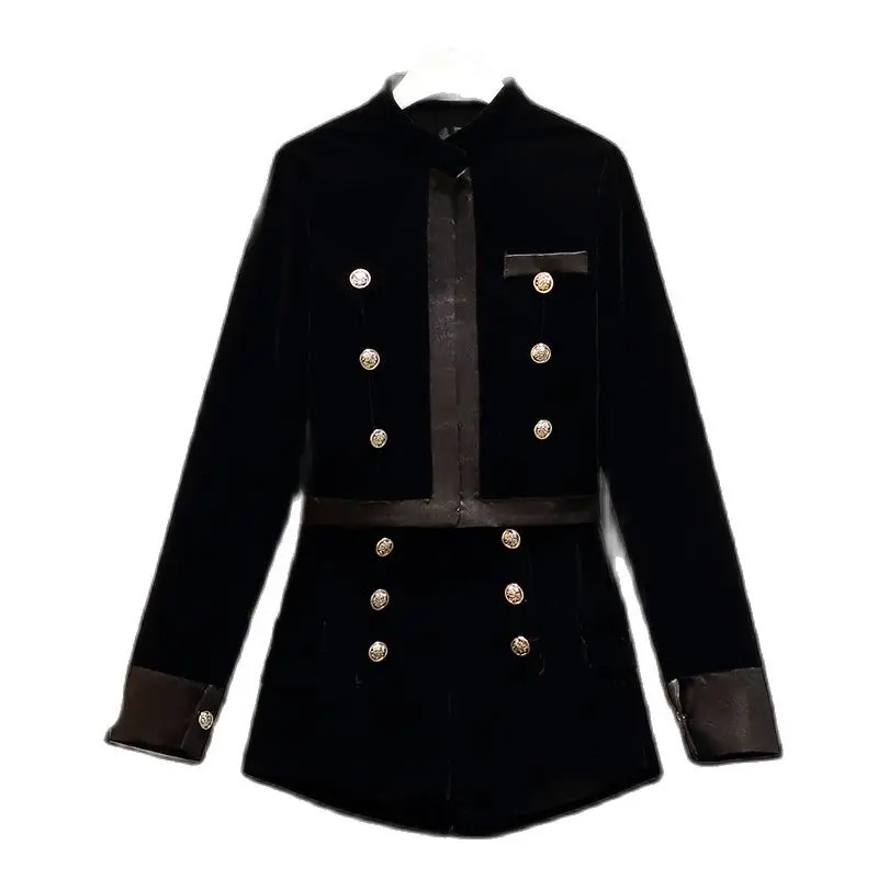 Women Gold Velvet Office Vintage Black Suit Jacket Coat Top And Short Pant Two Piece Set Elegant Outfit Ladies Fall Autumn Cloth 240228
