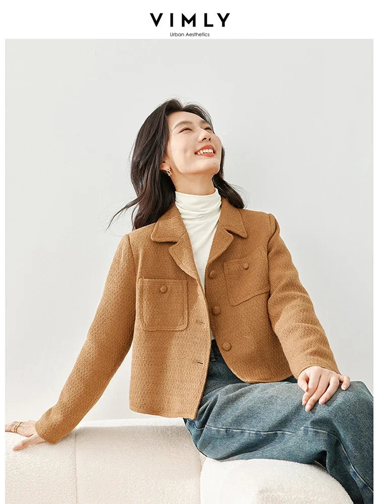 Vimly Elegant Cropped Tweed Quilted Jacket Women Winter Wool Blend Short Coat Lapel Notched Collar Outerwear M5266 240307