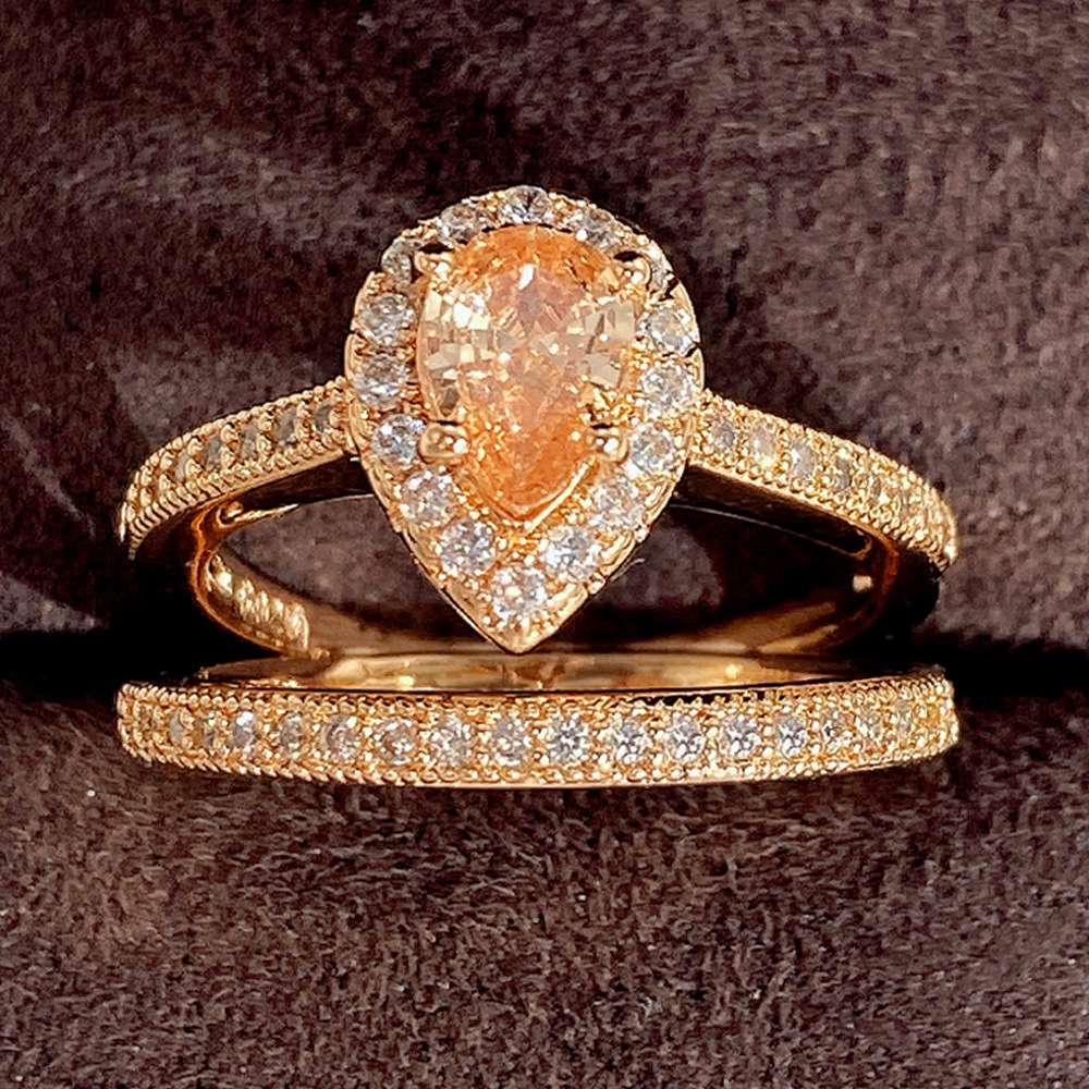 2024 Drop Ship Wedding Rings Luxury Jewelry 925 Sterlig Silver Champagne Rose Gold Fill Pear Shape 5A Zircon CZ Diamond Party Women Bridal Ring Set Gi