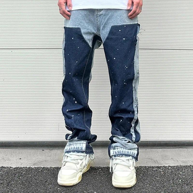 Men's Jeans European Ink Sprayed Flared For Men Contrast Color Looen Fit Streetwear Denim Clothes Open Hem Male's Baggy Pants
