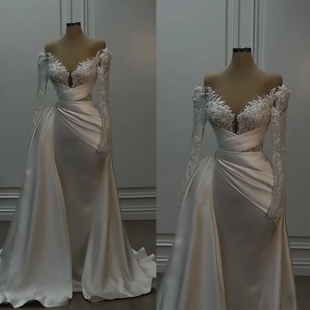 Lace Sweep Train Mermaid Wedding Applique Bridal Gowns Off Shoulder Ruched Weeding Dresses