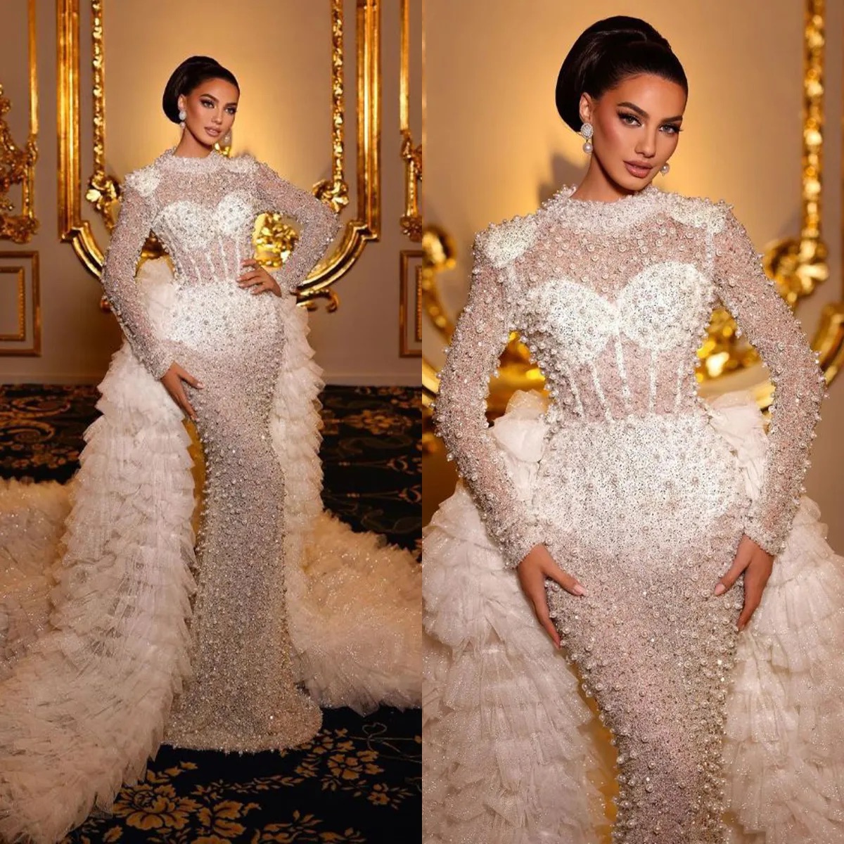 Saudi Arabic Mermaid Wedding Dress Long Sleeve Pearls Wedding Dresses Bridal Gowns Ruched Puffy Vestido De Noiva Overskirt Robe Mariage