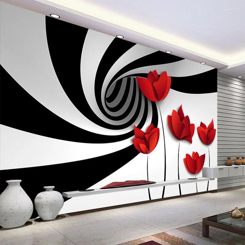 Wallpapers Custom Mural Wall Paper Black And White Striped Flowers Modern 3D Abstract Geometry Space Painting Living Room Wallpaper