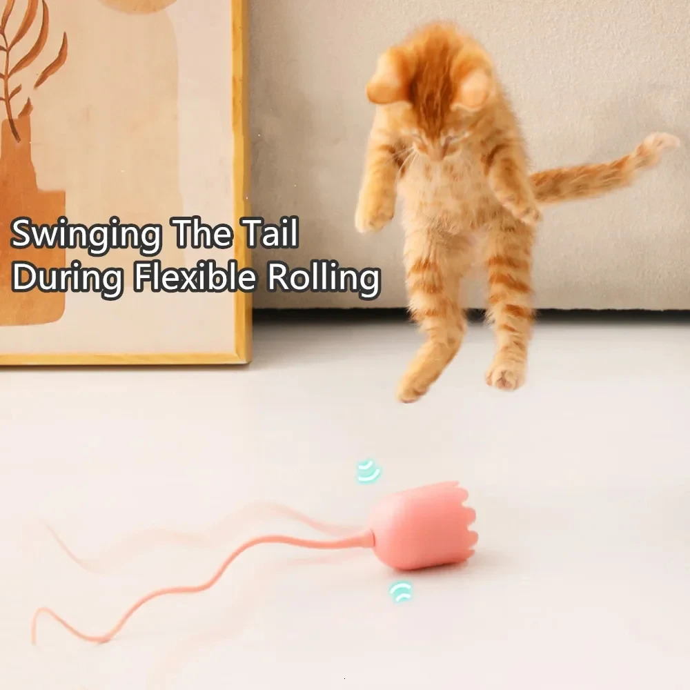 Interactive Cat Toys USB Electric Intelligent Rolling Ball Toy Cats Pet Silicone Automatic Rotate Mouse Tail Kitten Teaser Stick 240315