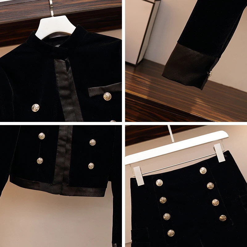 Women Gold Velvet Office Vintage Black Suit Jacket Coat Top And Short Pant Two Piece Set Elegant Outfit Ladies Fall Autumn Cloth 240228