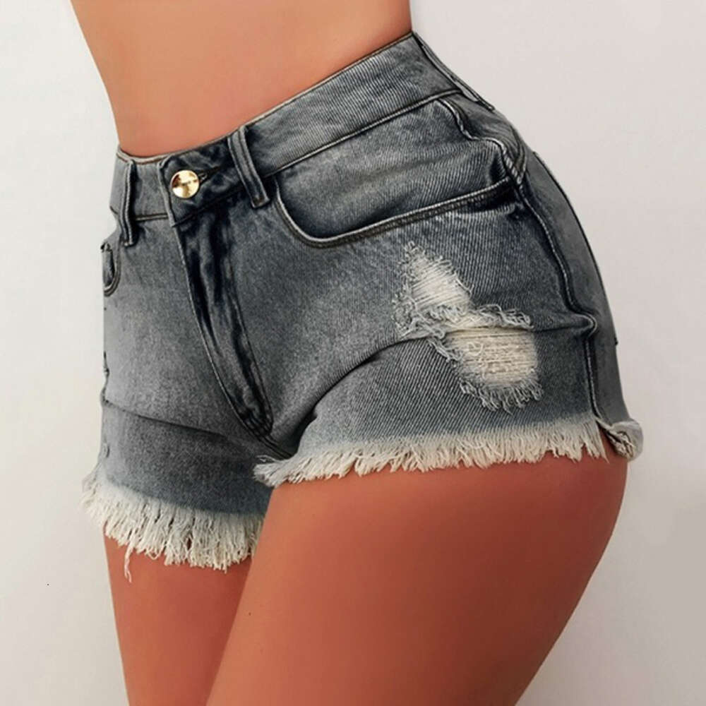 2024 Women's Denim Shorts with Tassels Holes, High Waisted and Buttocks Wrapped Jeans
