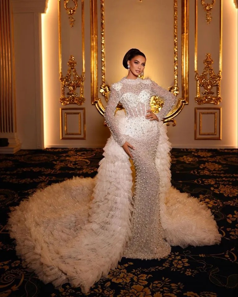 Saudi Arabic Mermaid Wedding Dress Long Sleeve Pearls Wedding Dresses Bridal Gowns Ruched Puffy Vestido De Noiva Overskirt Robe Mariage