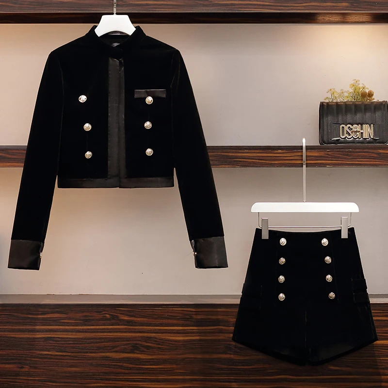 Women Gold Velvet Office Vintage Black Suit Jacket Coat Top And Short Pant Two Piece Set Elegant Outfit Ladies Fall Autumn Cloth 240228